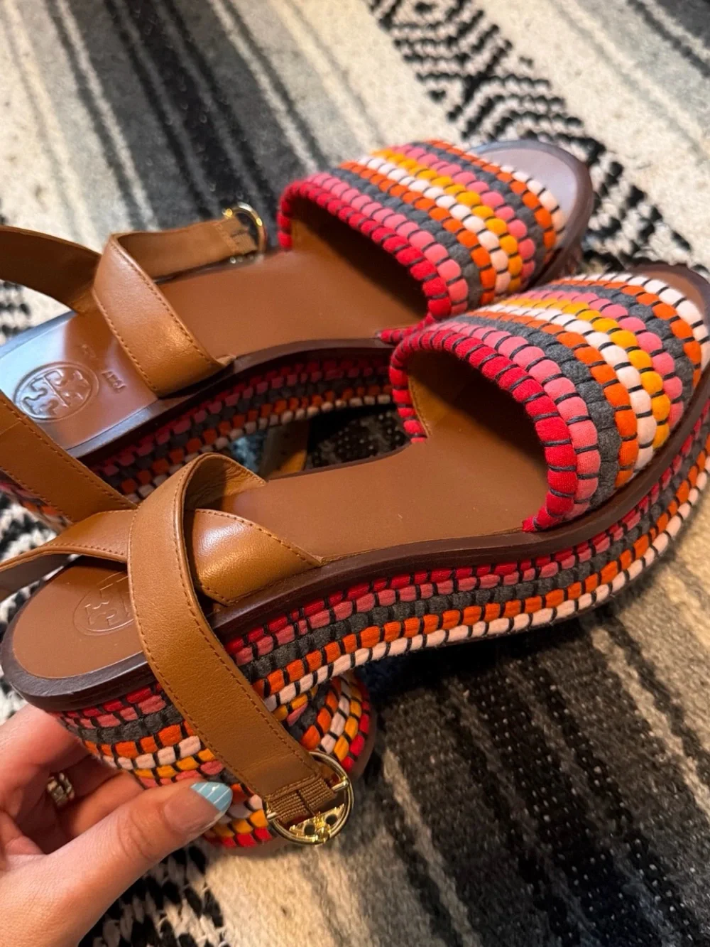 Tory Burch Brown Multicolor Woven Platform Sandals